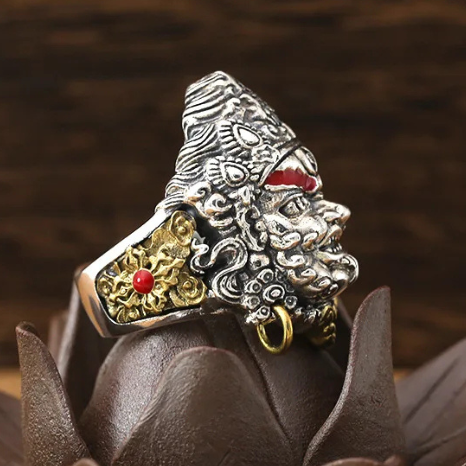 Artisan d'Asie Bagues Bague Jambhala jaune en argent 925 et laiton