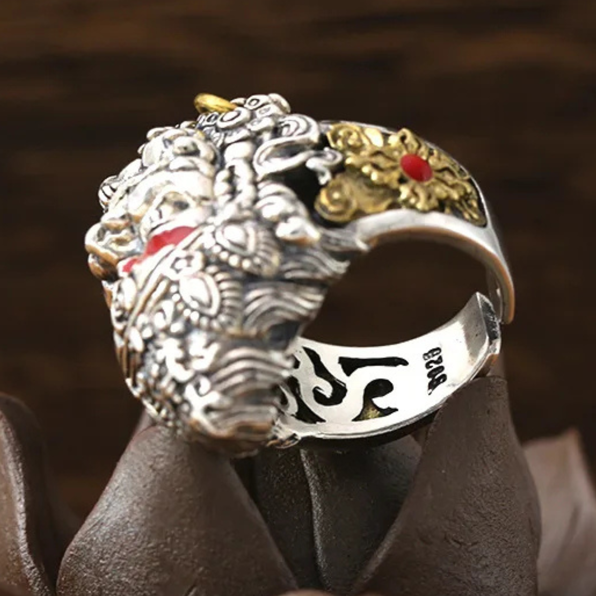 Artisan d'Asie Bagues Bague Jambhala jaune en argent 925 et laiton