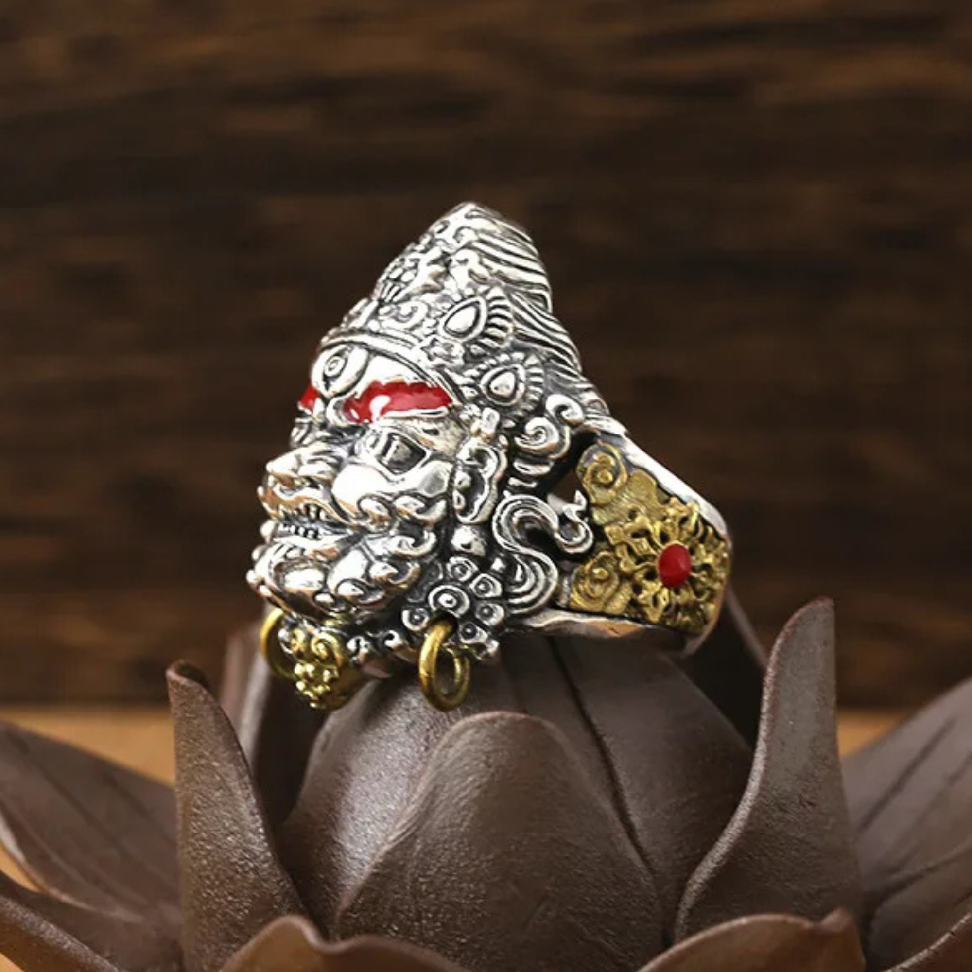 Artisan d'Asie Bagues Bague Jambhala jaune en argent 925 et laiton