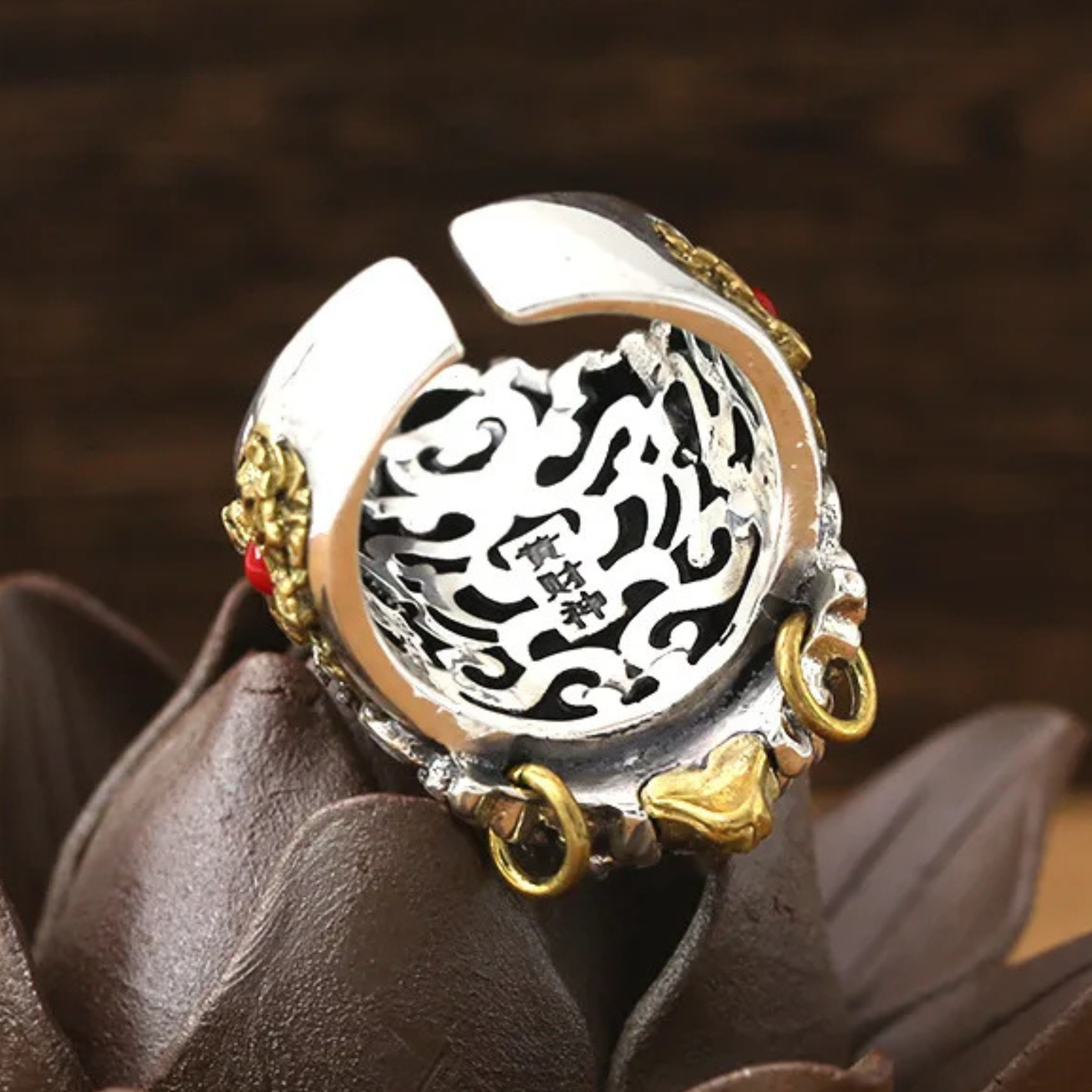 Artisan d'Asie Bagues Bague Jambhala jaune en argent 925 et laiton