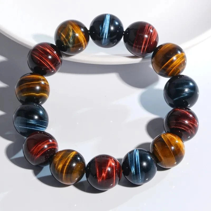 Artisan d'Asie Bracelets Malas Bracelet mala en pierre d'oeil de tigre rouge, jaune et bleu