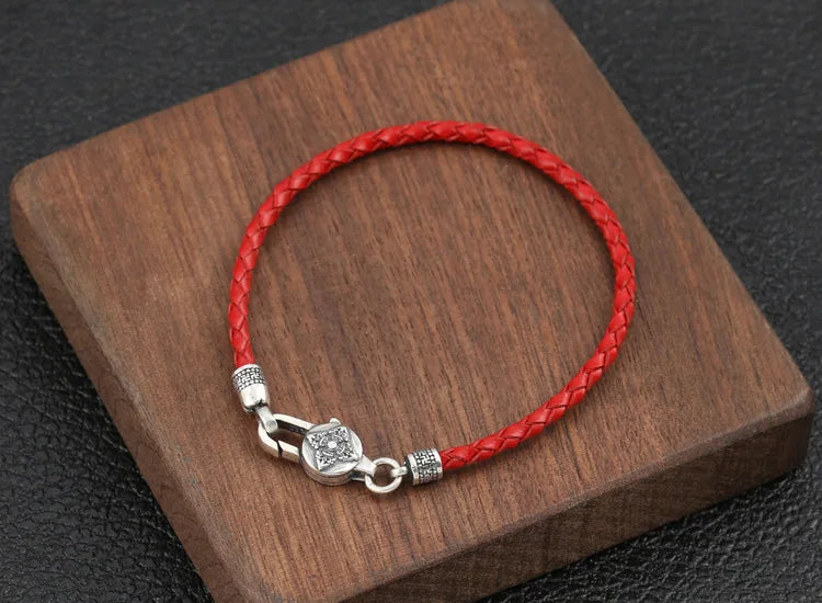 Artisan d'Asie Bracelets Tressés Tibétains Rouge / 18cm Bracelet en argent sterling 925 et cuir tressé – Six Mantras & Vajra Pestle