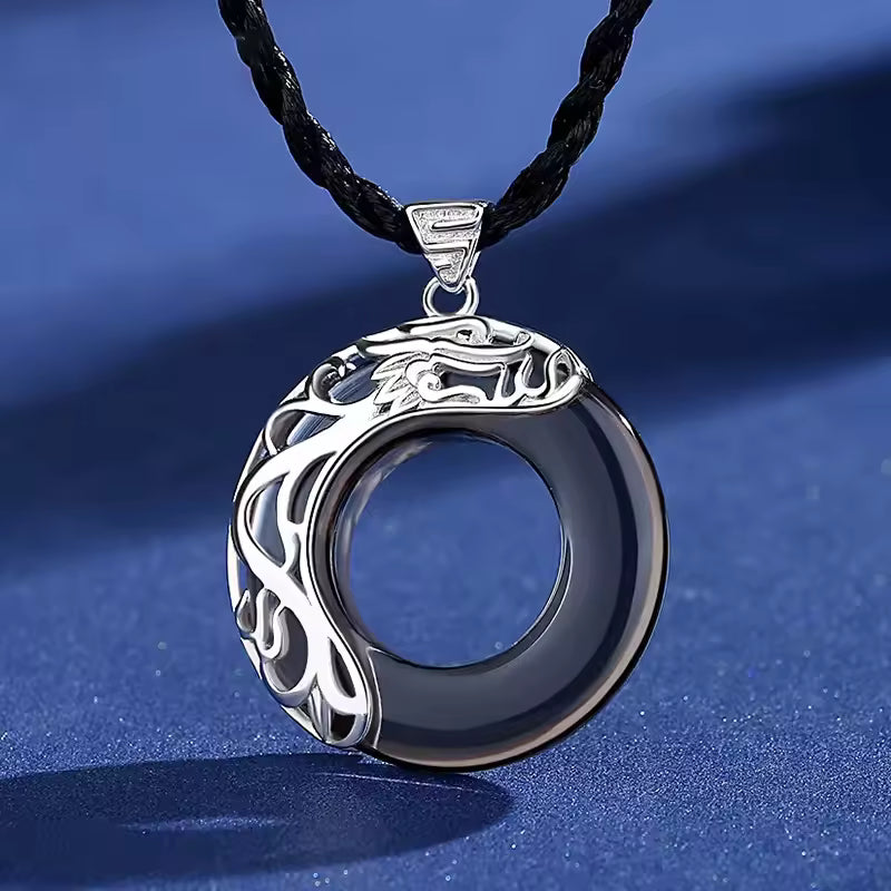 Artisan d'Asie Pendentifs & Amulettes Dragon Pour Hommes Pendentif Rond Dragon en Obsidienne et Argent Pur 999/1000