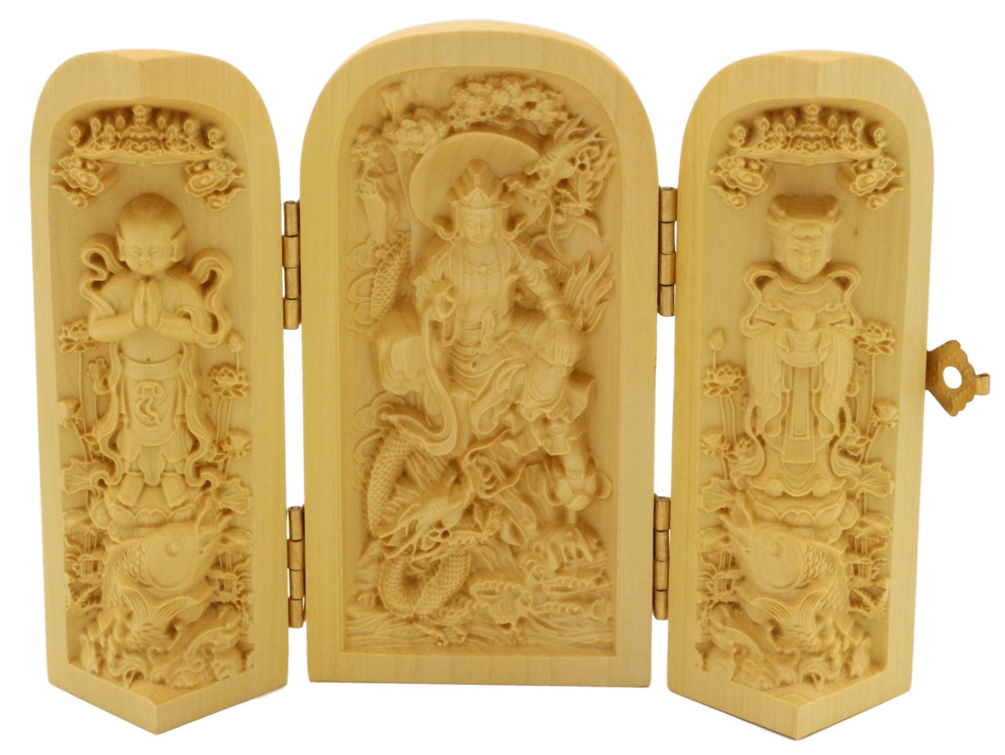 Coffret de 3 statuettes artisanales en bois - Bodhisattva Guanyin - Design 1 Statues Bouddha Artisan d'Asie 