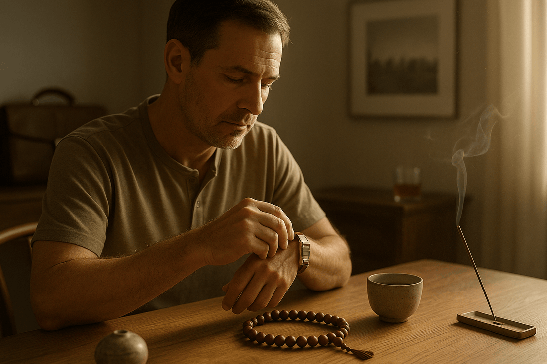 Commerce conscient, un homme assis à une table, baigné de lumière dorée, retire sa montre près d’un encens et d’un mala en bois de rose — un instant de calme saisi par Artisan d’Asie, évoquant le passage du luxe à la vie consciente.