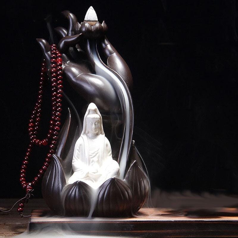 Artisan d'Asie brûleur d’encens cascade Bouddha Guanyin