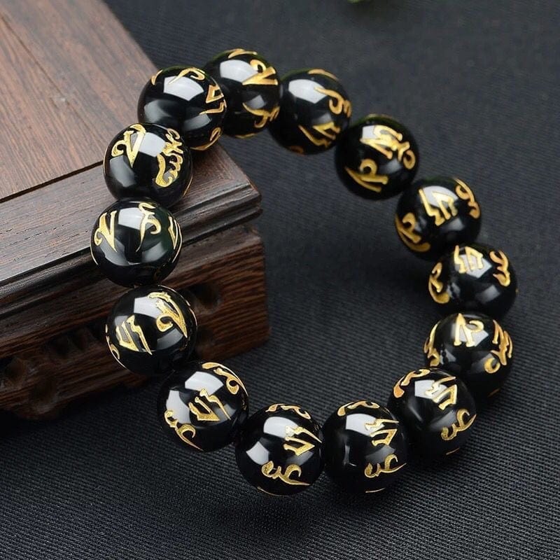 Artisan d'Asie 0 8mm 8/10/12/14mm Tibetan Buddhism Six Words Mantra Bracelets For Men Women Black Obsidian Amulet Lucky Bangles Jewelry with Gift Box