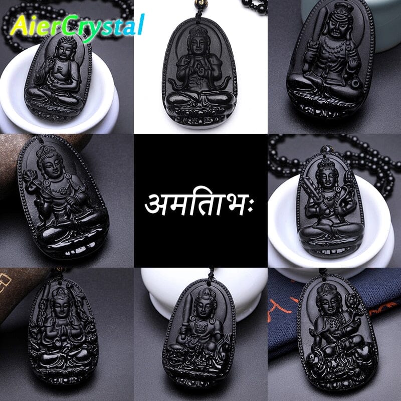 Artisan d'Asie 0 AMTF Amitabha Pendant Necklace Black Obsidian Carved Buddha Lucky Amulet Necklaces For Women Men Jewelry Elder Festival Gifts Jewelry