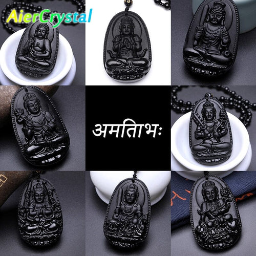 Artisan d'Asie 0 AMTF Amitabha Pendant Necklace Black Obsidian Carved Buddha Lucky Amulet Necklaces For Women Men Jewelry Elder Festival Gifts Jewelry