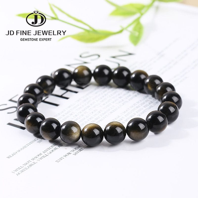 Artisan d'Asie 0 JD Natural Stone Black Gold Obsidian Beaded Bracelets Men Women Classic Yoga Energy Round Buddha Bangles Lucky Jewelry Gifts