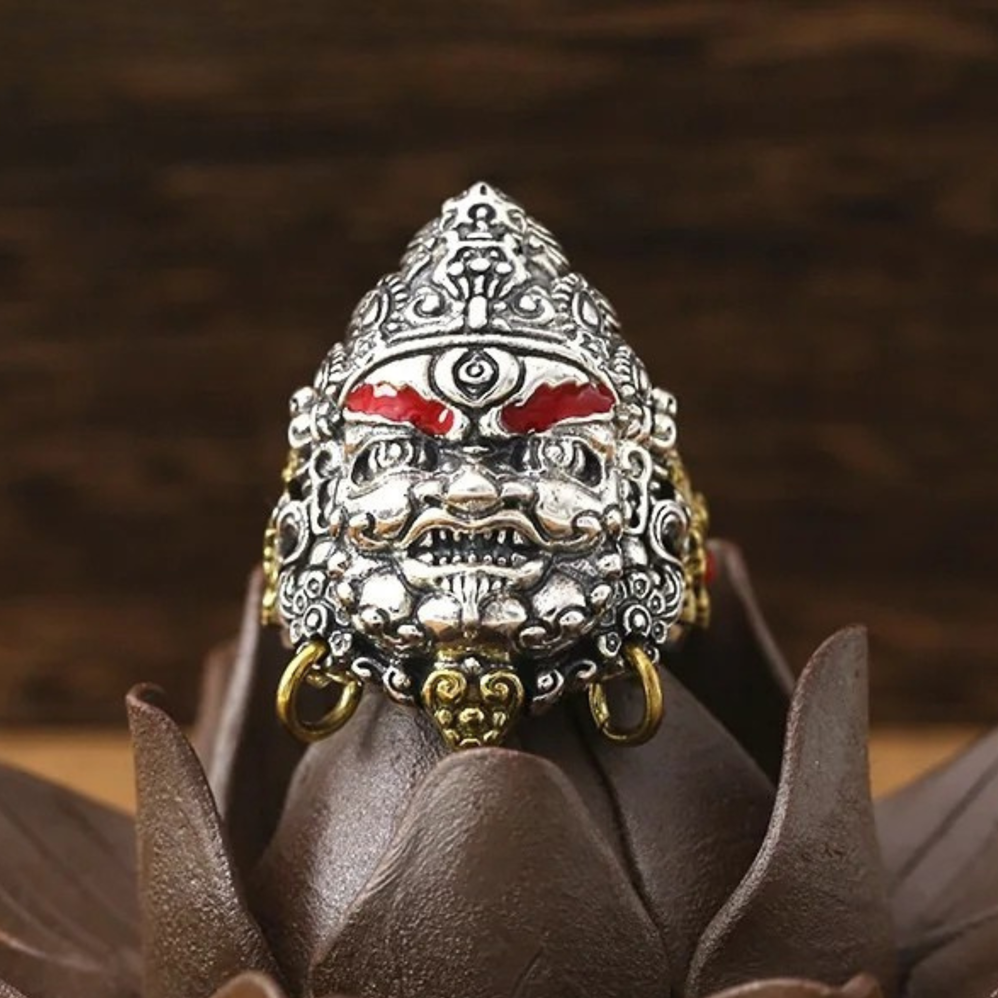 Artisan d'Asie Bagues Bague Jambhala jaune en argent 925 et laiton