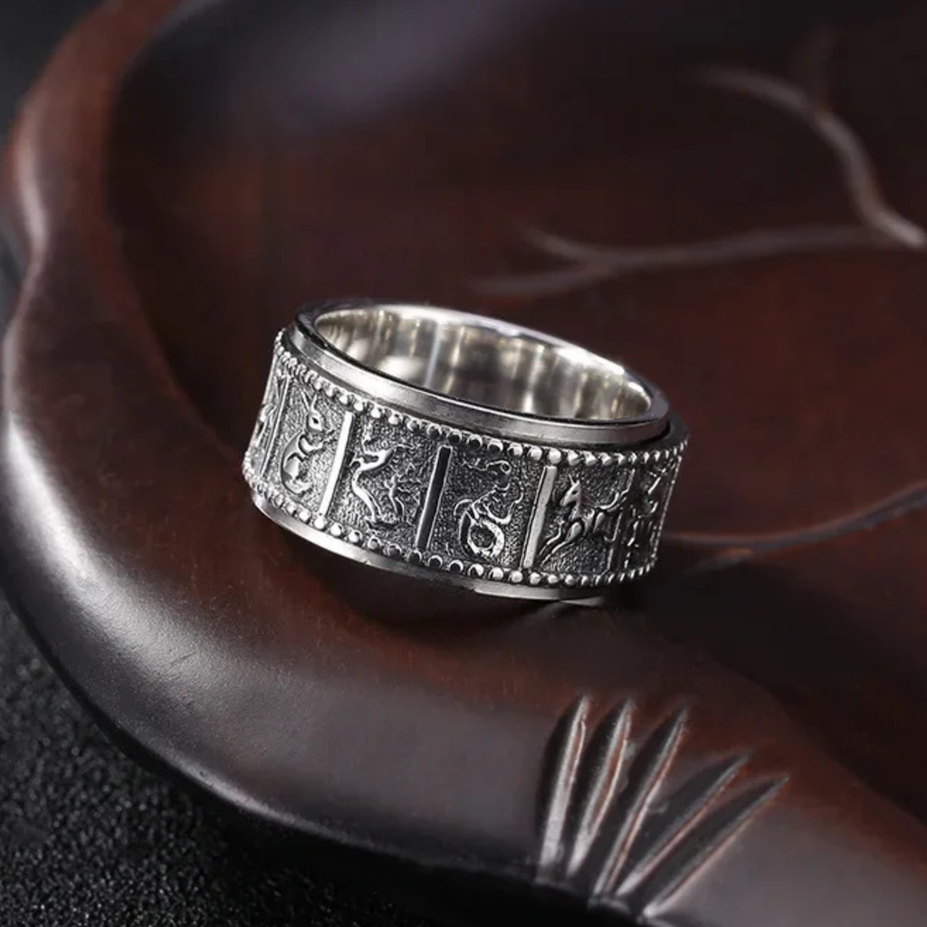 Artisan d'Asie Bagues Bague tournante gravée signes du zodiaque en argent pur 925