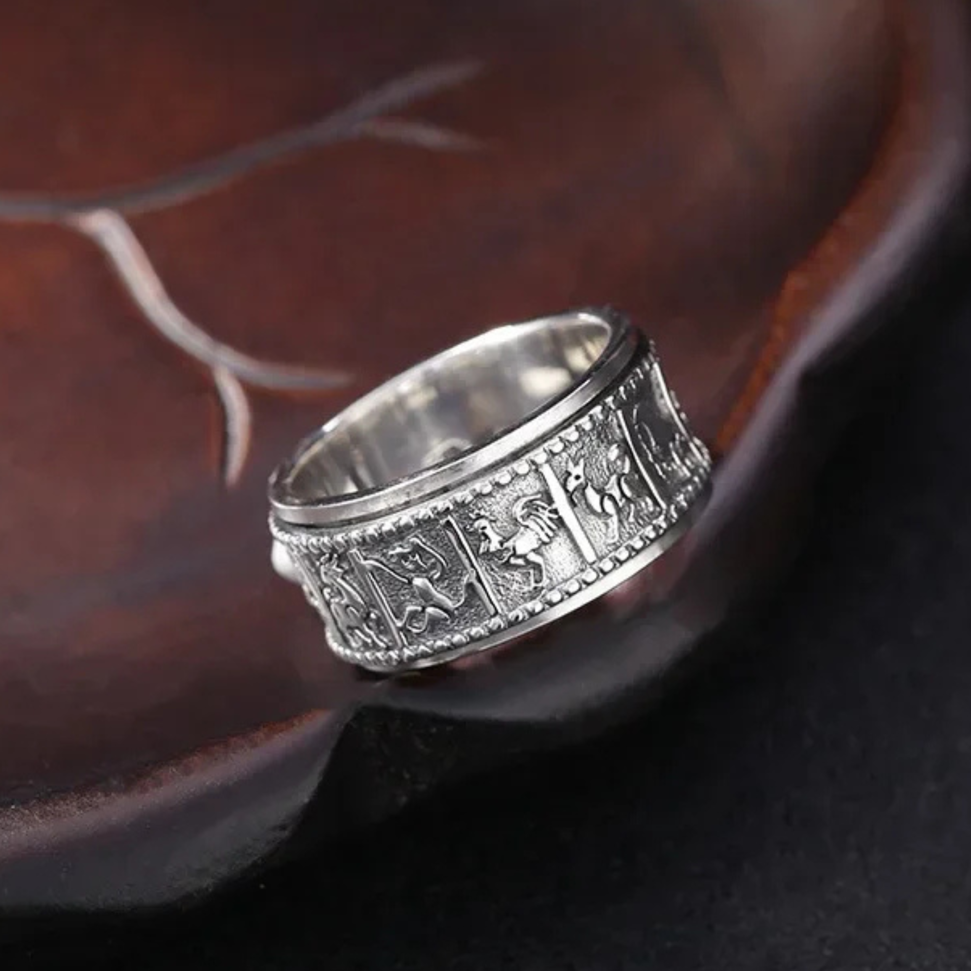 Artisan d'Asie Bagues Bague tournante gravée signes du zodiaque en argent pur 925