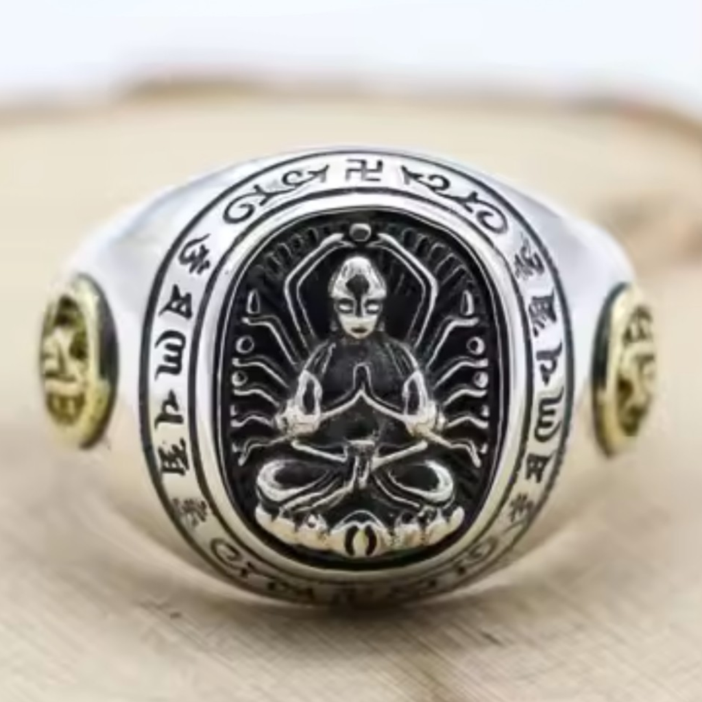 Artisan d'Asie Bagues Rat Bague Bouddha signes du zodiaque en argent 925