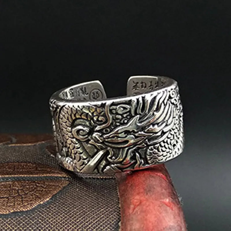 Artisan d'Asie Bagues Taille réglable Bague Gravée Dragon ajustable en argent pur 999 – Bijou artisanal porte-bonheur