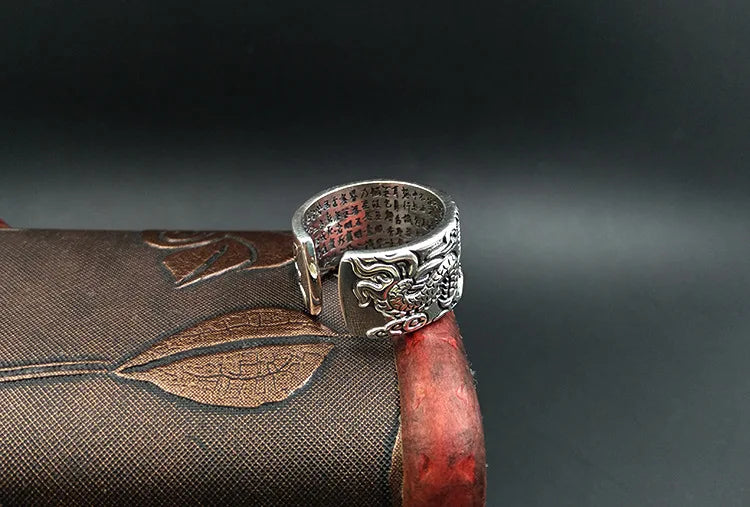 Artisan d'Asie Bagues Taille réglable Bague Gravée Dragon ajustable en argent pur 999 – Bijou artisanal porte-bonheur