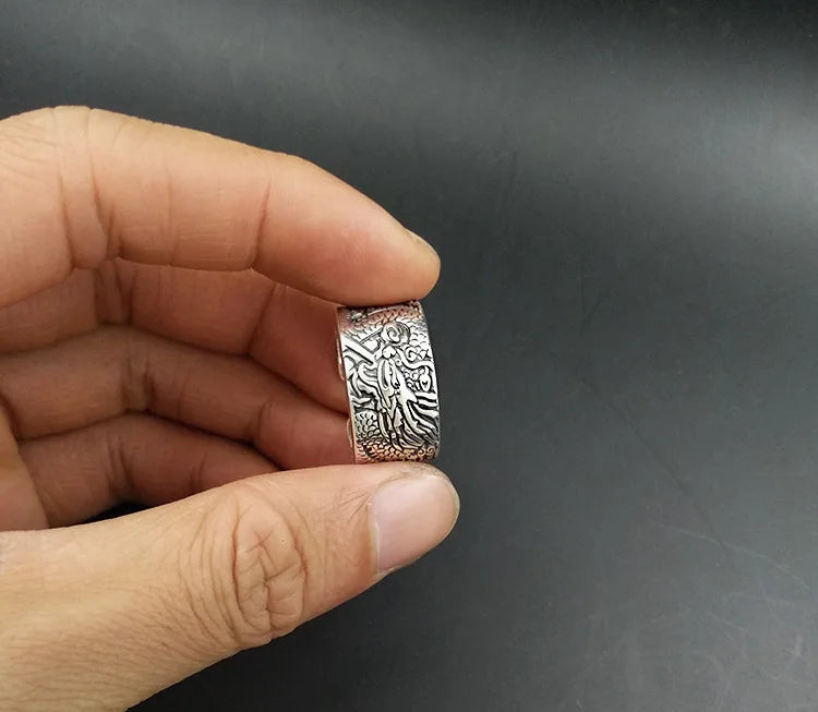 Artisan d'Asie Bagues Taille réglable Bague Gravée Dragon ajustable en argent pur 999 – Bijou artisanal porte-bonheur