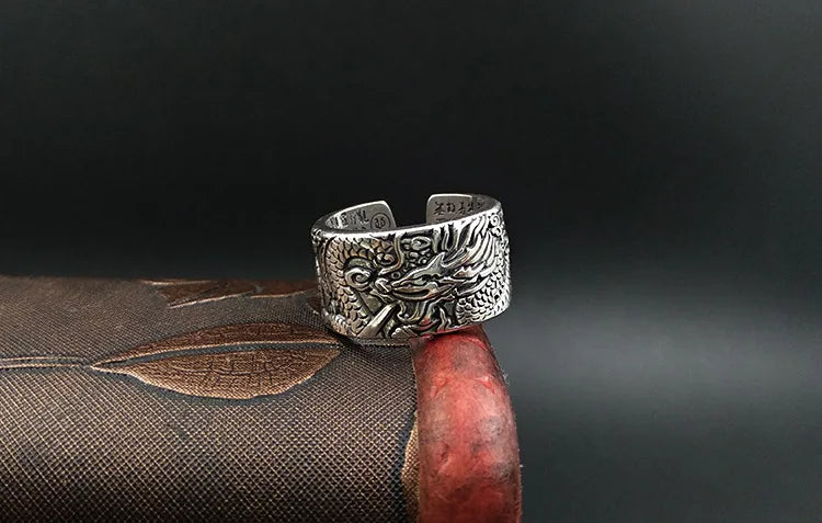 Artisan d'Asie Bagues Taille réglable Bague Gravée Dragon ajustable en argent pur 999 – Bijou artisanal porte-bonheur