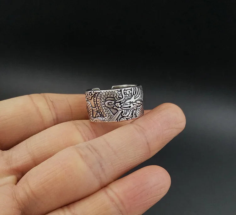 Artisan d'Asie Bagues Taille réglable Bague Gravée Dragon ajustable en argent pur 999 – Bijou artisanal porte-bonheur