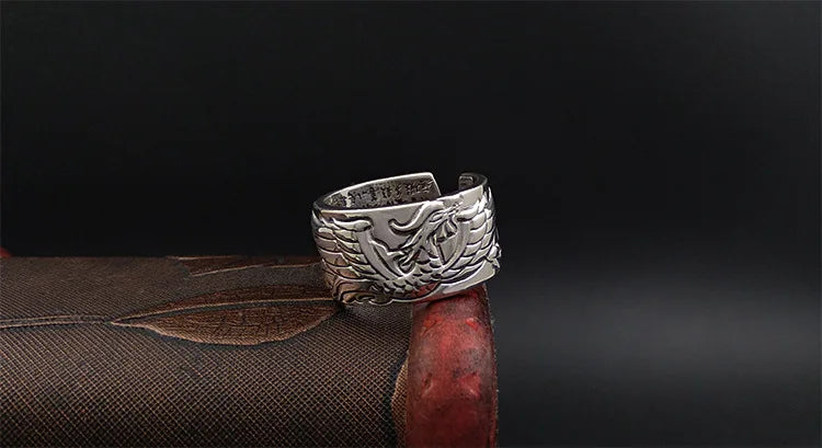 Artisan d'Asie Bagues Taille réglable Bague Gravée Phénix ajustable en argent pur 999 – Bijou artisanal de renaissance