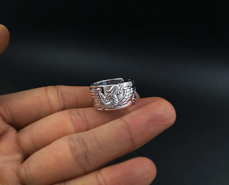 Artisan d'Asie Bagues Taille réglable Bague Gravée Phénix ajustable en argent pur 999 – Bijou artisanal de renaissance