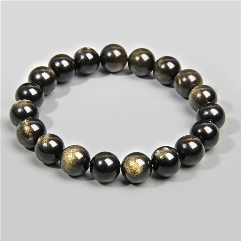 Artisan d'Asie Bracelets Malas 10mm / 17cm Bracelet mala en pierre d'obsidienne dorée