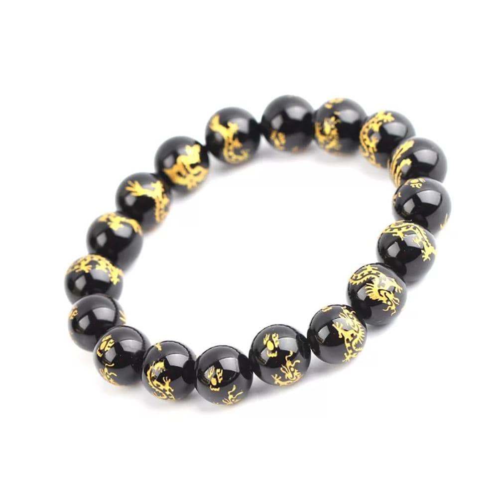 Artisan d'Asie Bracelets Malas 14mm Bracelet mala en pierre d'agate noire motif dragon