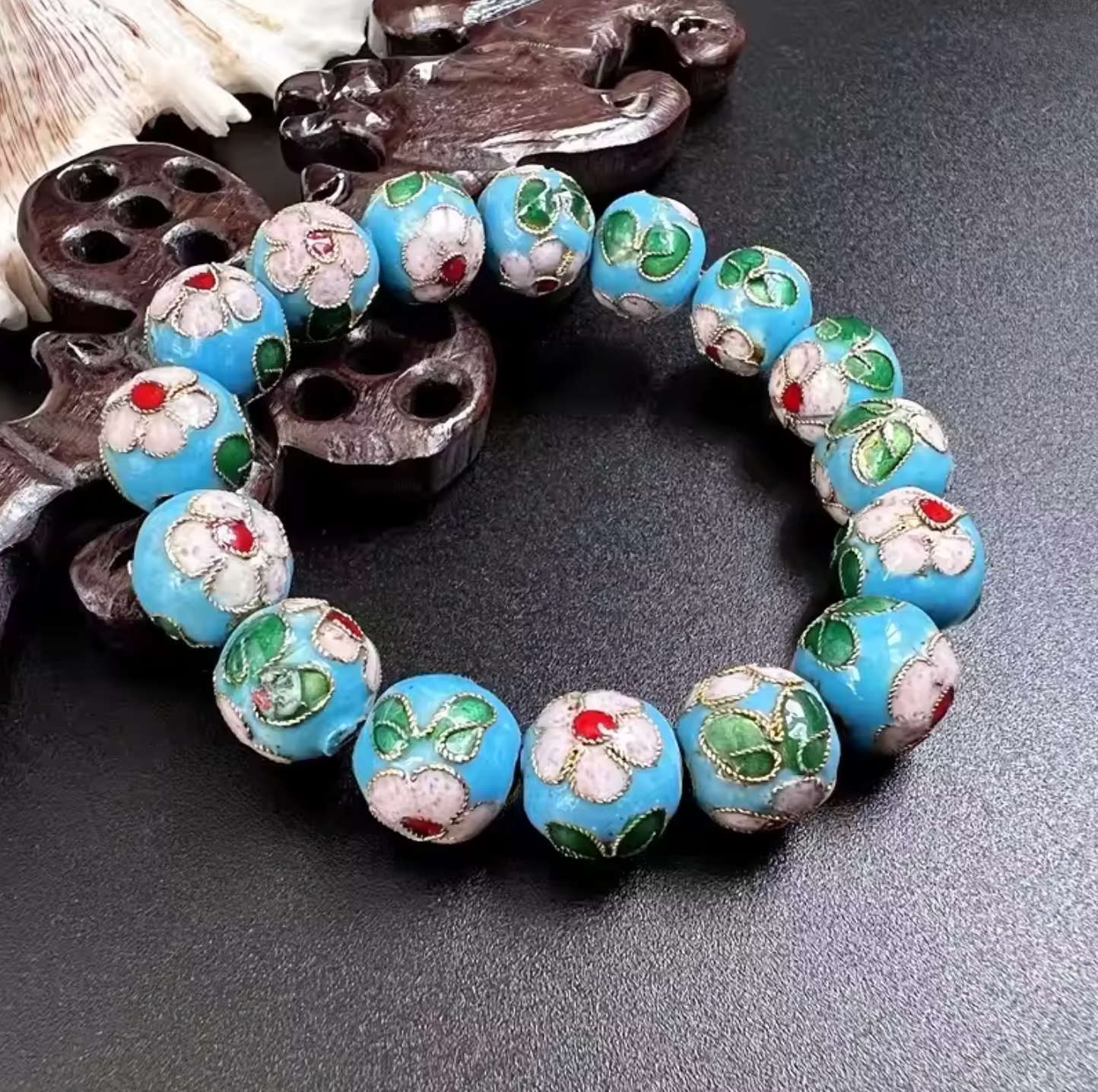 Artisan d'Asie Bracelets Malas Bleu clair / 18 cm Bracelet mala en perles cloisonnées