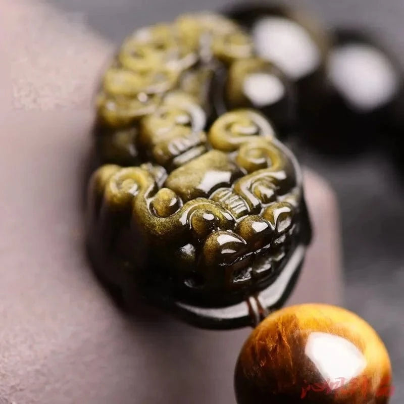 Artisan d'Asie Bracelets Malas Bracelet mala avec pixiu en obsidienne dorée et oeil de tigre