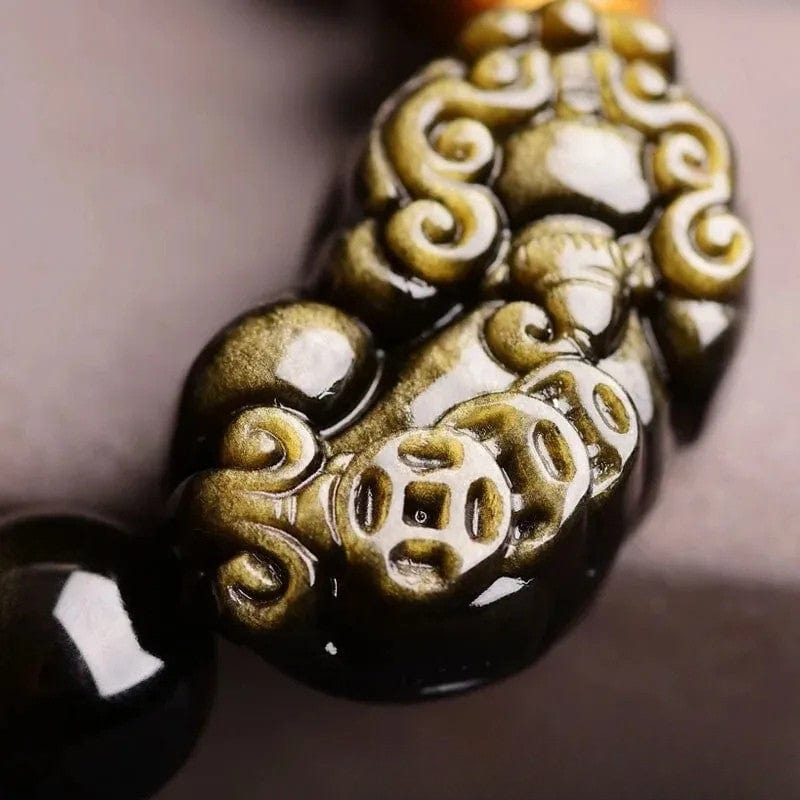 Artisan d'Asie Bracelets Malas Bracelet mala avec pixiu en obsidienne dorée et oeil de tigre