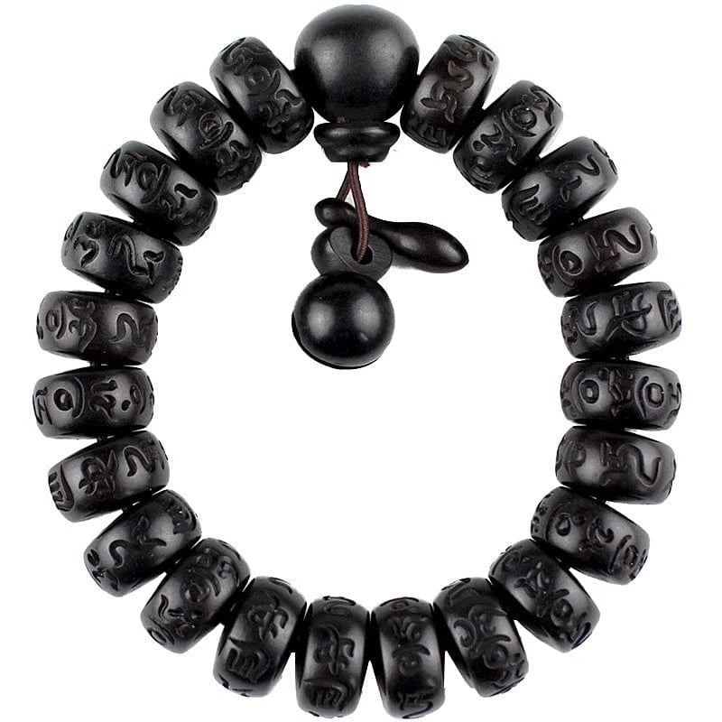 Artisan d'Asie Bracelets Malas Bracelet mala en bois de pêcher gravé du mantra Om Mani Padme Hum