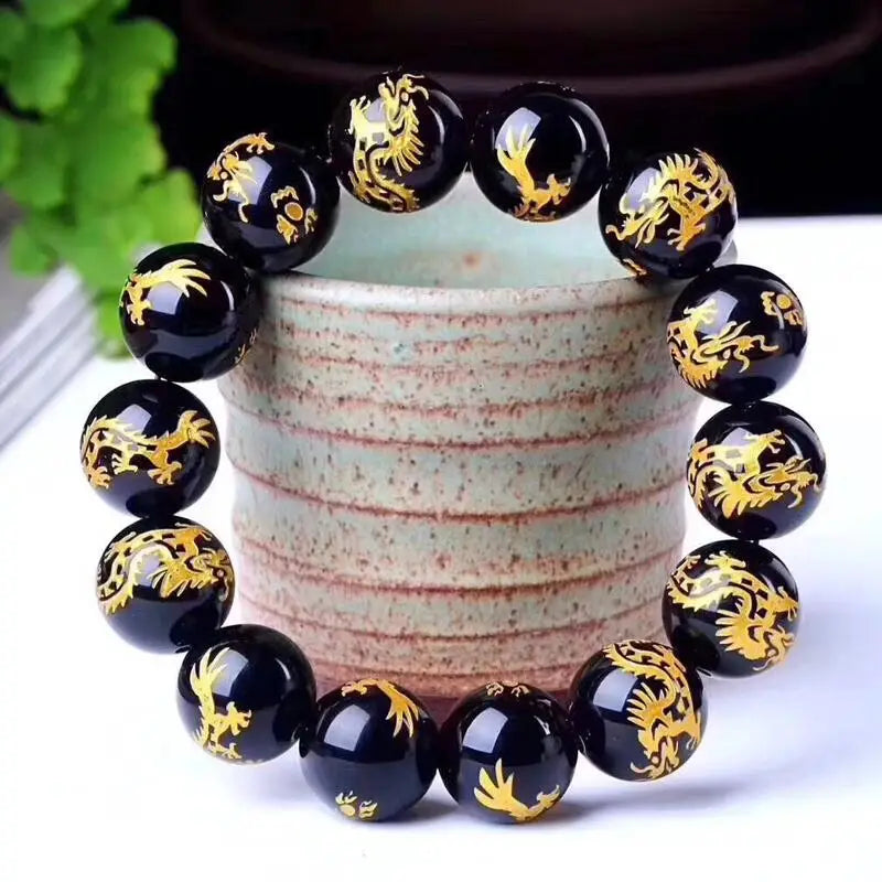 Artisan d'Asie Bracelets Malas Bracelet mala en pierre d'agate noire motif dragon