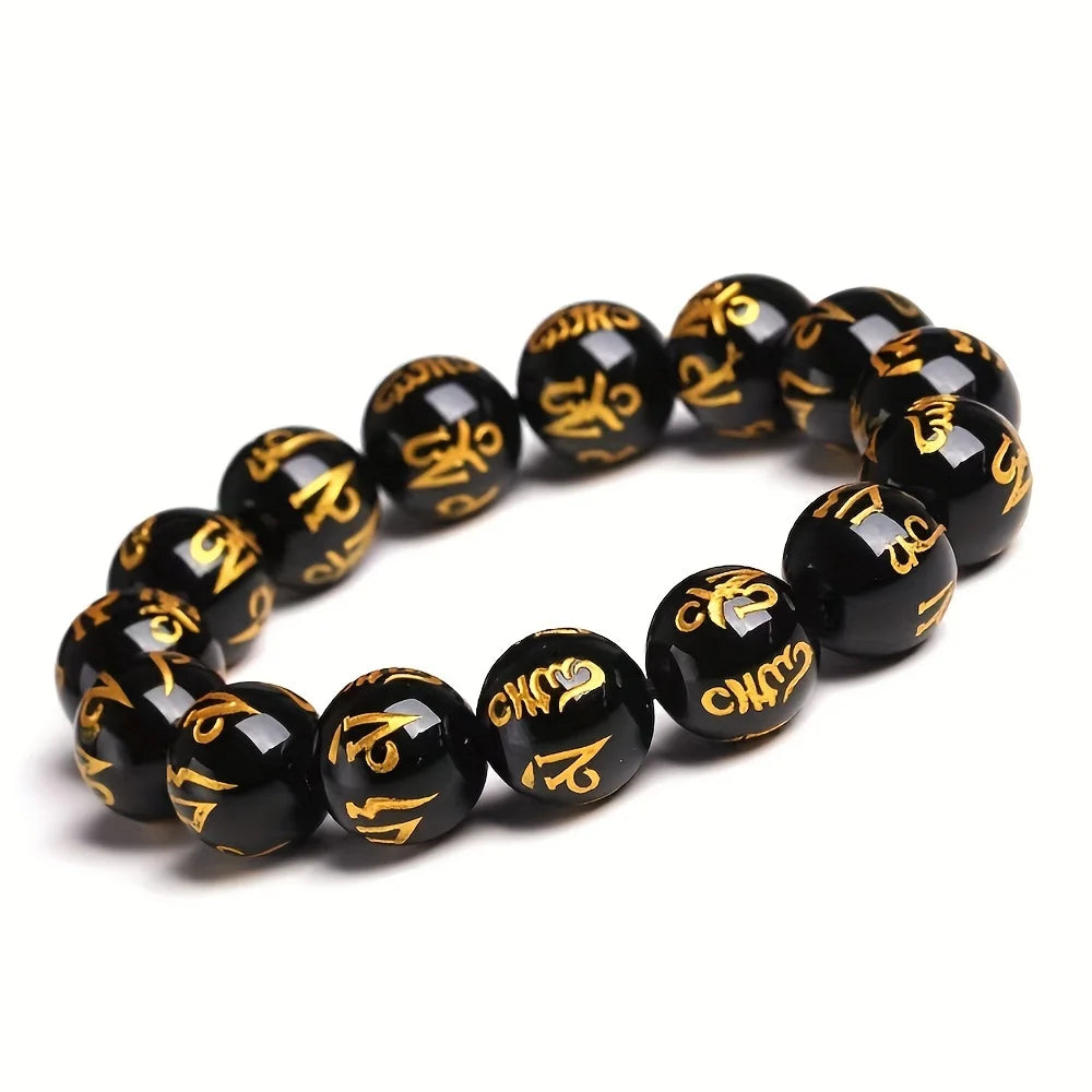 Artisan d'Asie Bracelets Malas Bracelet mala en pierre d'agate noire motif om mani padme hum