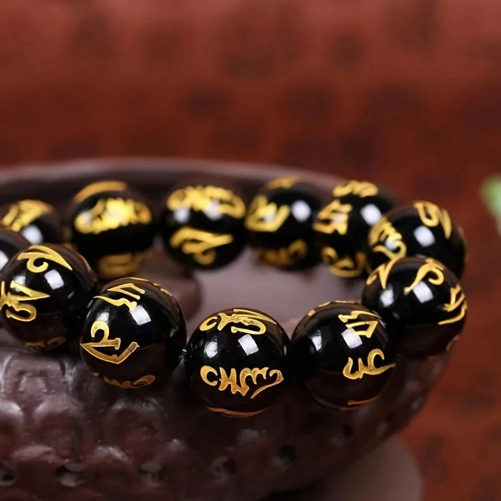 Artisan d'Asie Bracelets Malas Bracelet mala en pierre d'agate noire motif om mani padme hum