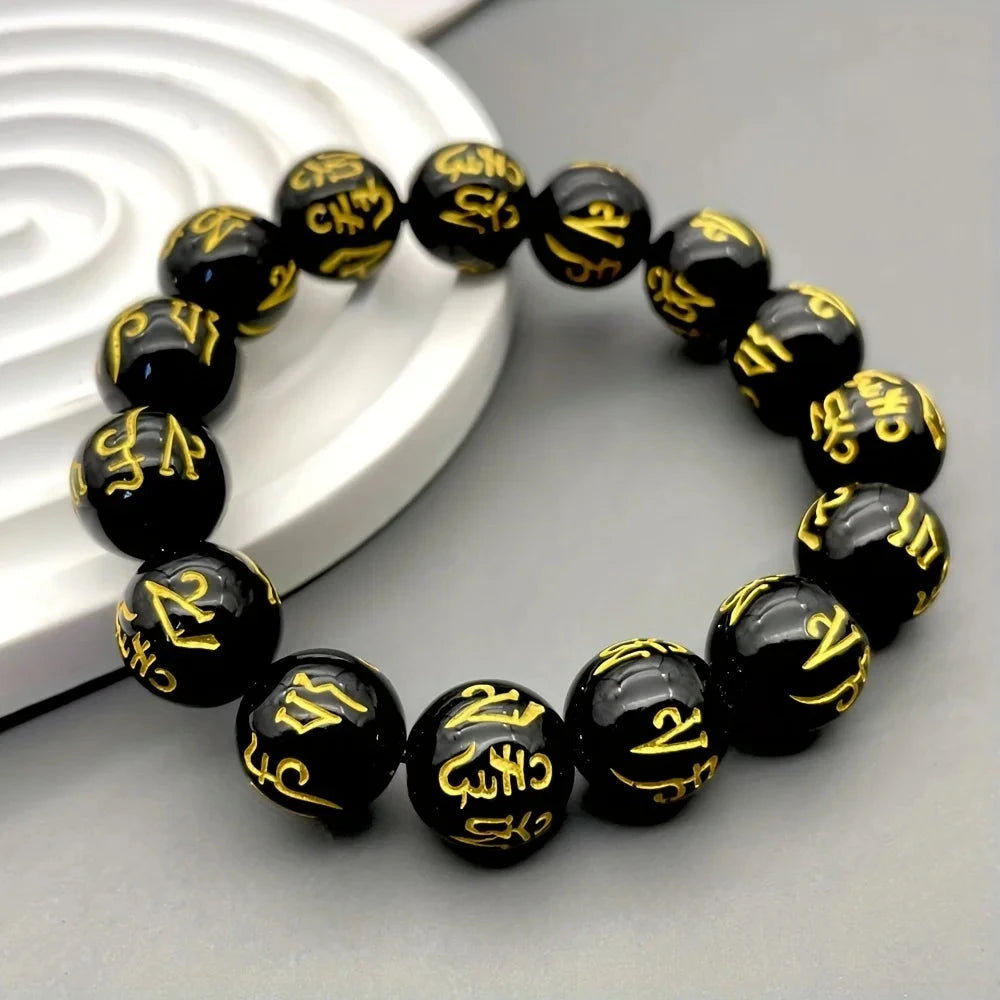 Artisan d'Asie Bracelets Malas Bracelet mala en pierre d'agate noire motif om mani padme hum