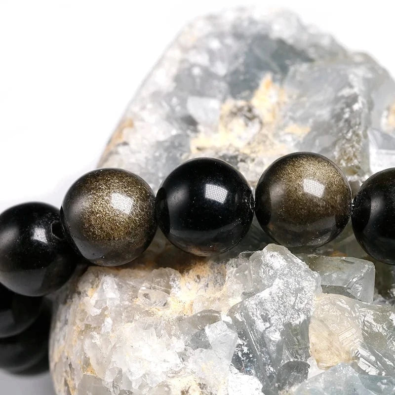 Artisan d'Asie Bracelets Malas Bracelet mala en pierre d'obsidienne dorée