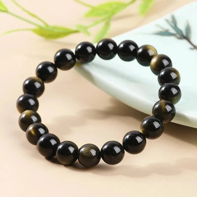 Artisan d'Asie Bracelets Malas Bracelet mala en pierre d'obsidienne dorée
