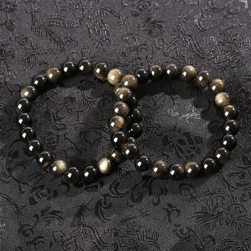 Artisan d'Asie Bracelets Malas Bracelet mala en pierre d'obsidienne dorée