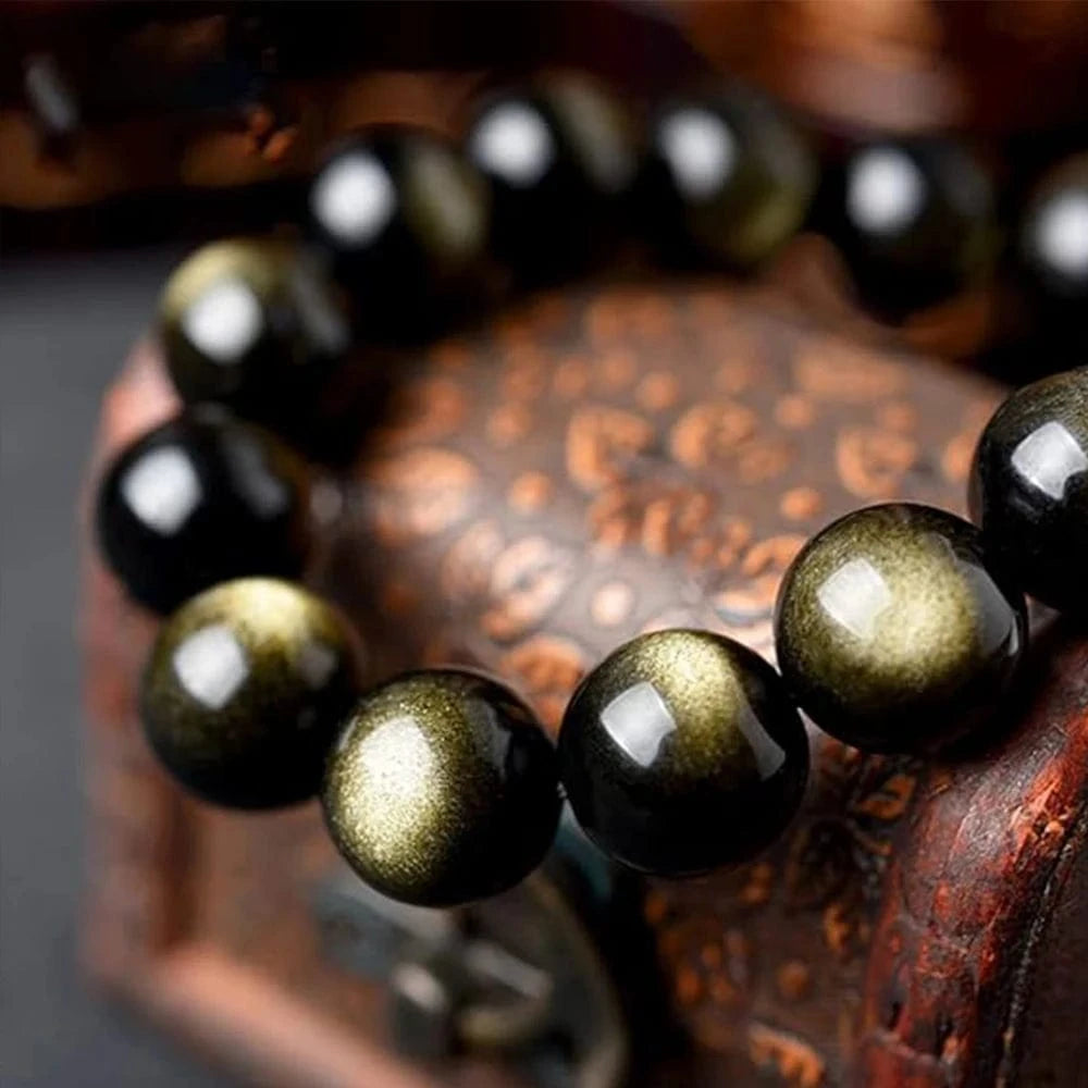 Artisan d'Asie Bracelets Malas Bracelet mala en pierre d'obsidienne dorée