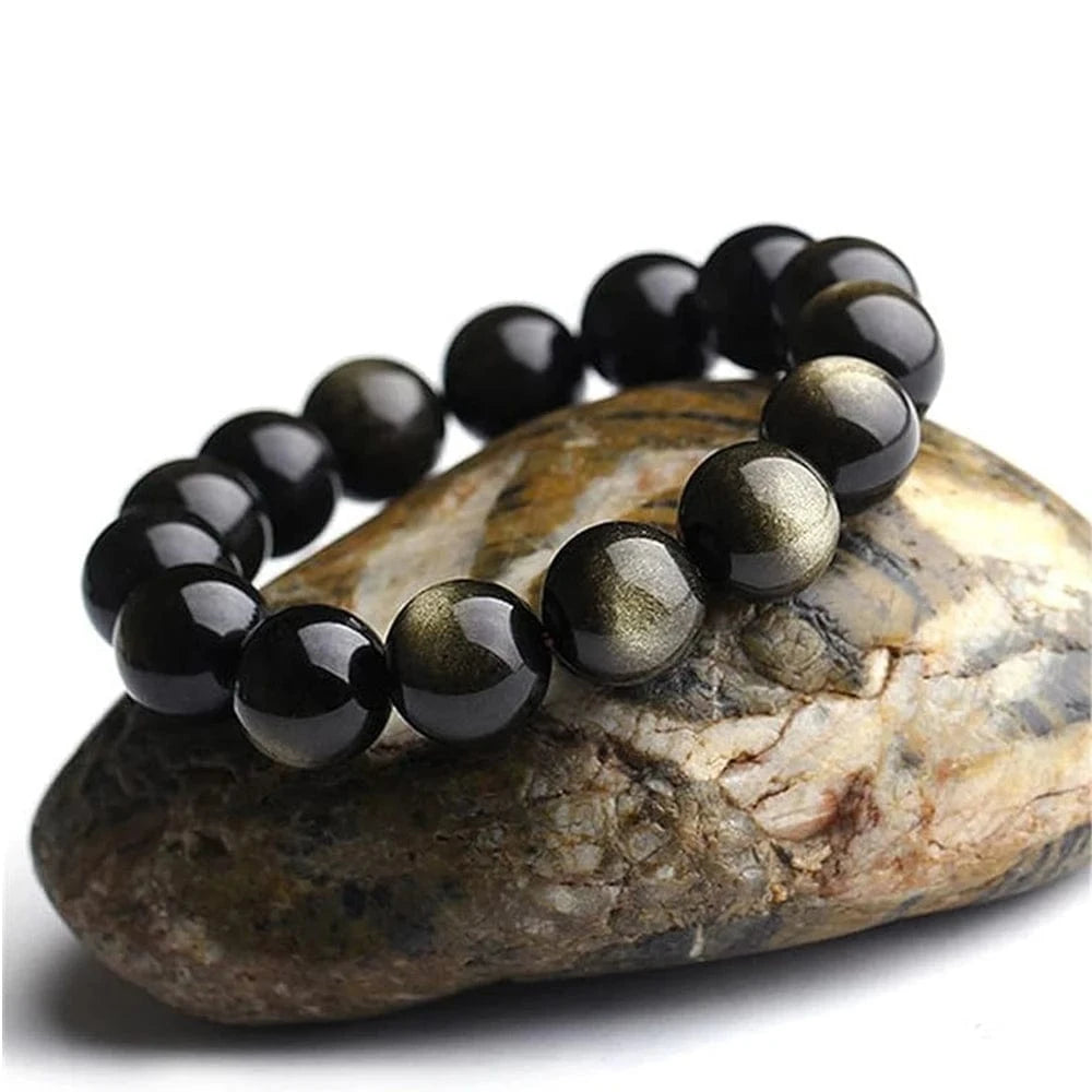 Artisan d'Asie Bracelets Malas Bracelet mala en pierre d'obsidienne dorée