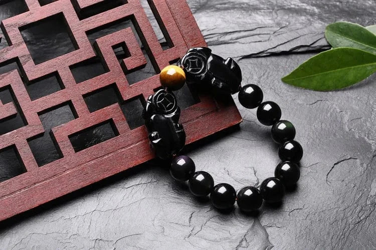 Artisan d'Asie Bracelets Malas Bracelet mala en pierre d'obsidienne et oeil de tigre