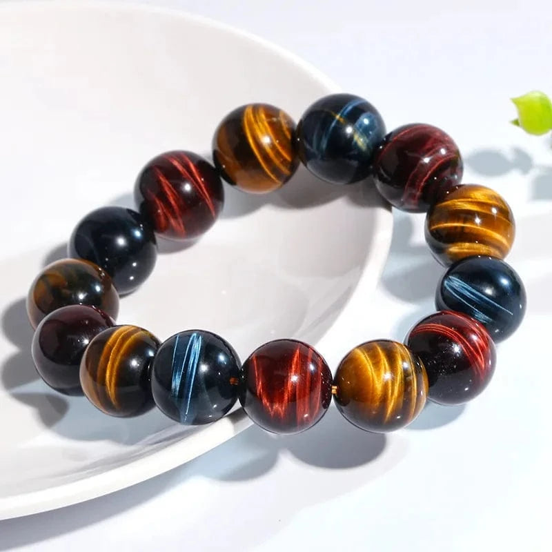 Artisan d'Asie Bracelets Malas Bracelet mala en pierre d'oeil de tigre rouge, jaune et bleu