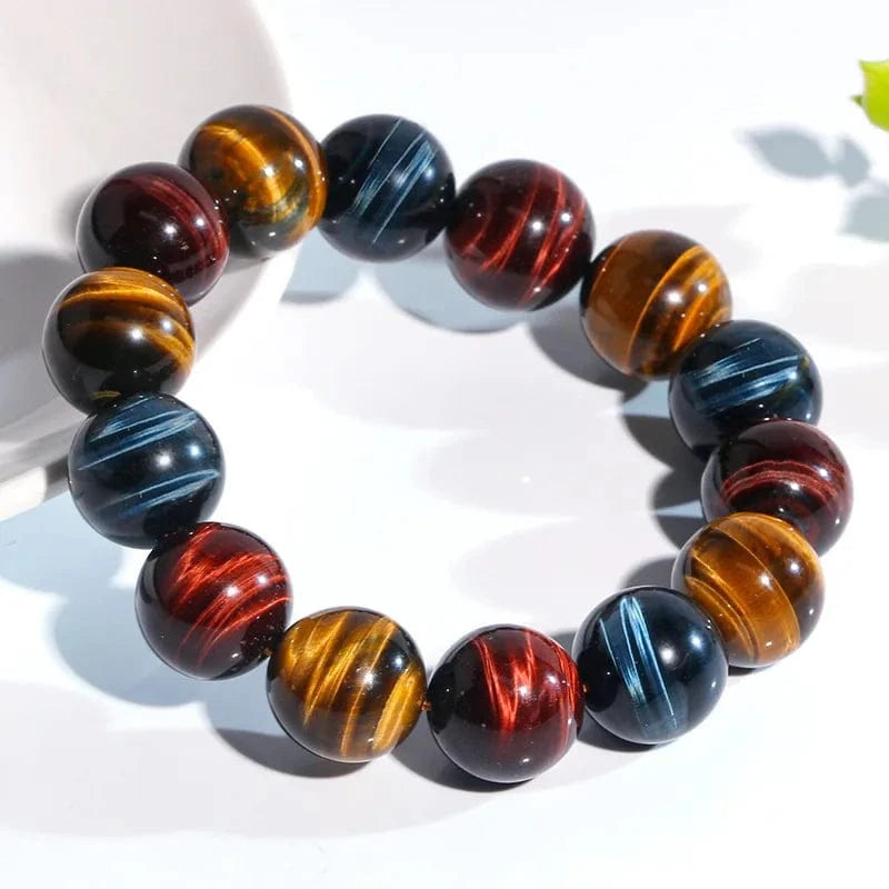 Artisan d'Asie Bracelets Malas Bracelet mala en pierre d'oeil de tigre rouge, jaune et bleu