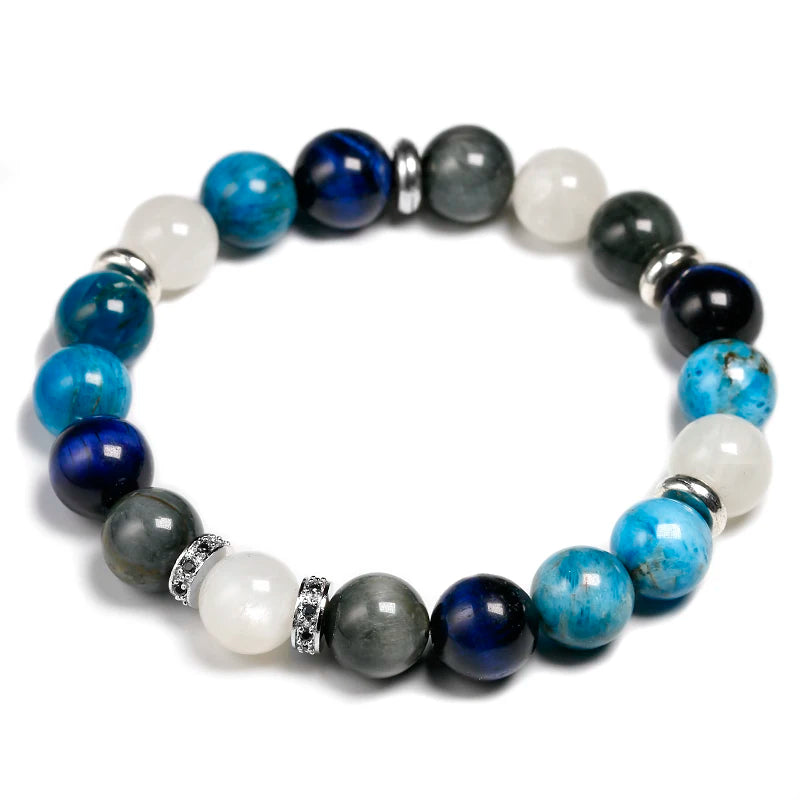 Artisan d'Asie Bracelets Malas Bracelet mala en pierre de lune et oeil de tigre bleue