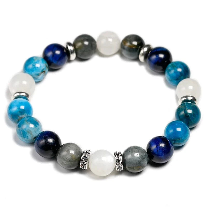 Artisan d'Asie Bracelets Malas Bracelet mala en pierre de lune et oeil de tigre bleue
