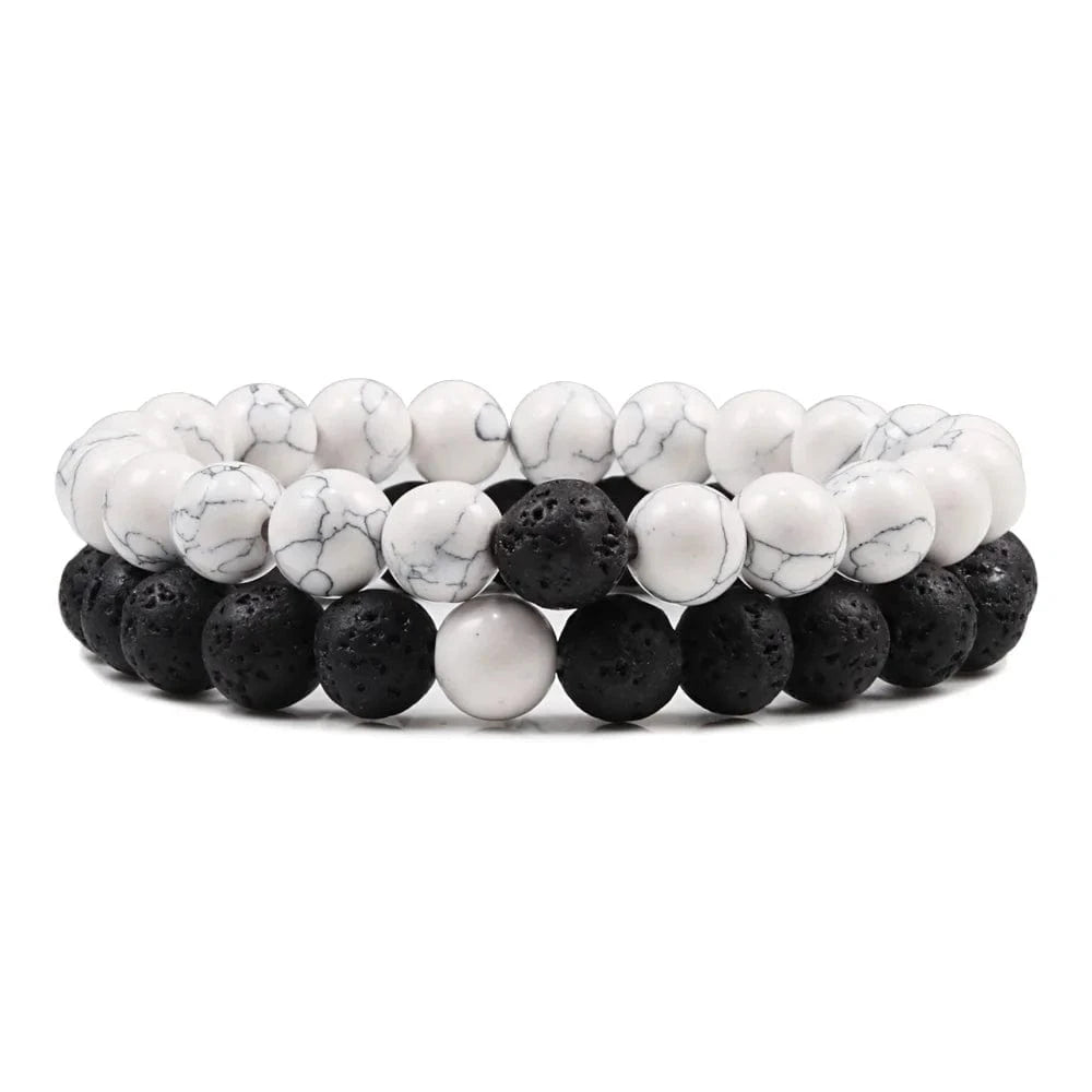 Artisan d'Asie Bracelets Malas Couple de Couleur Noire et Blanche Bracelets mala de couple en pierre de turquoise et pierre de lave