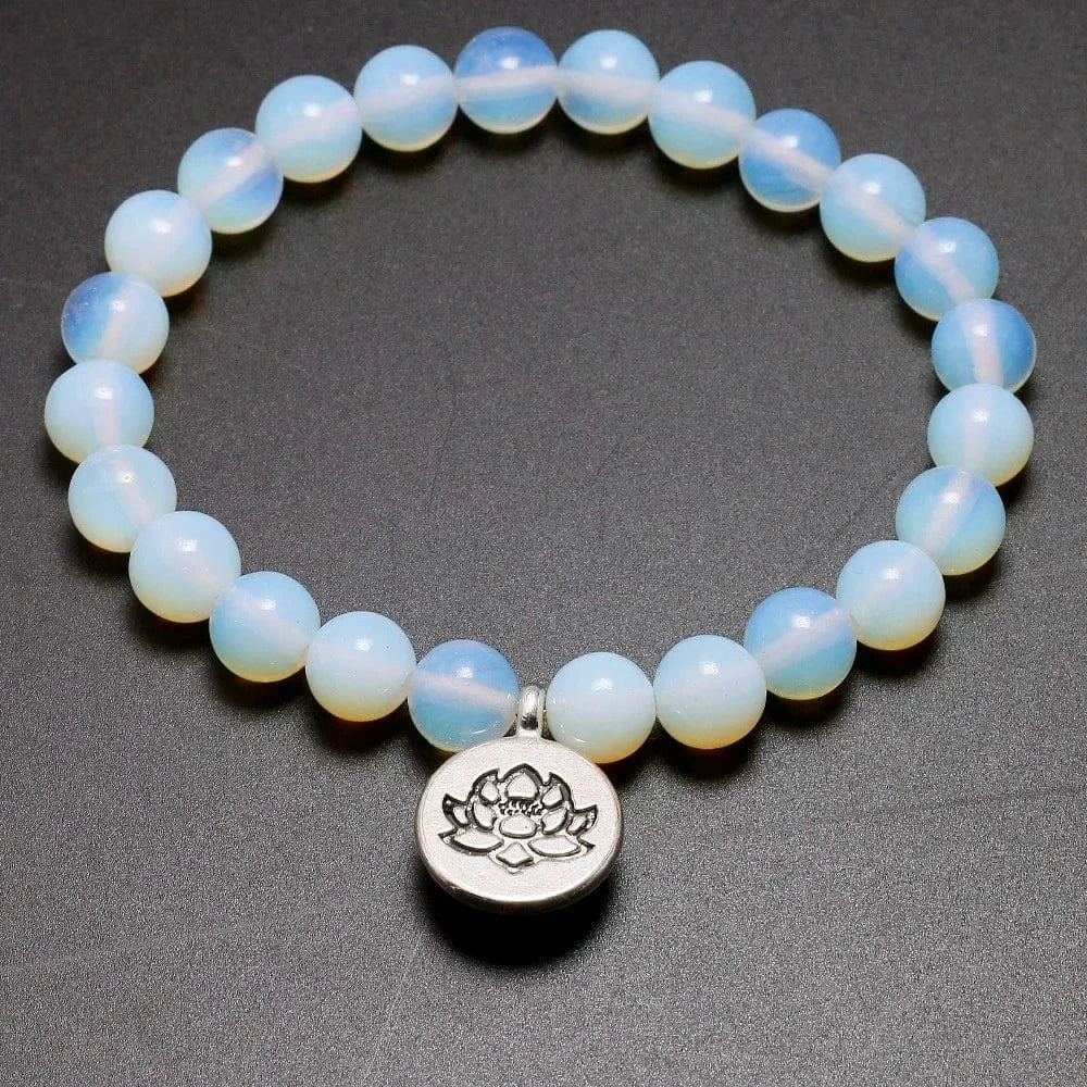 Artisan d'Asie Bracelets Malas Lotus / Argent / 17cm Bracelet Mala en Pierre de Lune