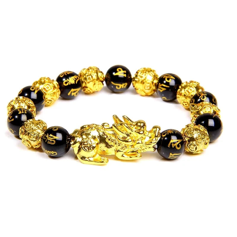 Artisan d'Asie Bracelets Malas Obsidienne Noire OM 2 / 17cm Bracelet Mala avec Pixiu Or et Pierres Naturelles