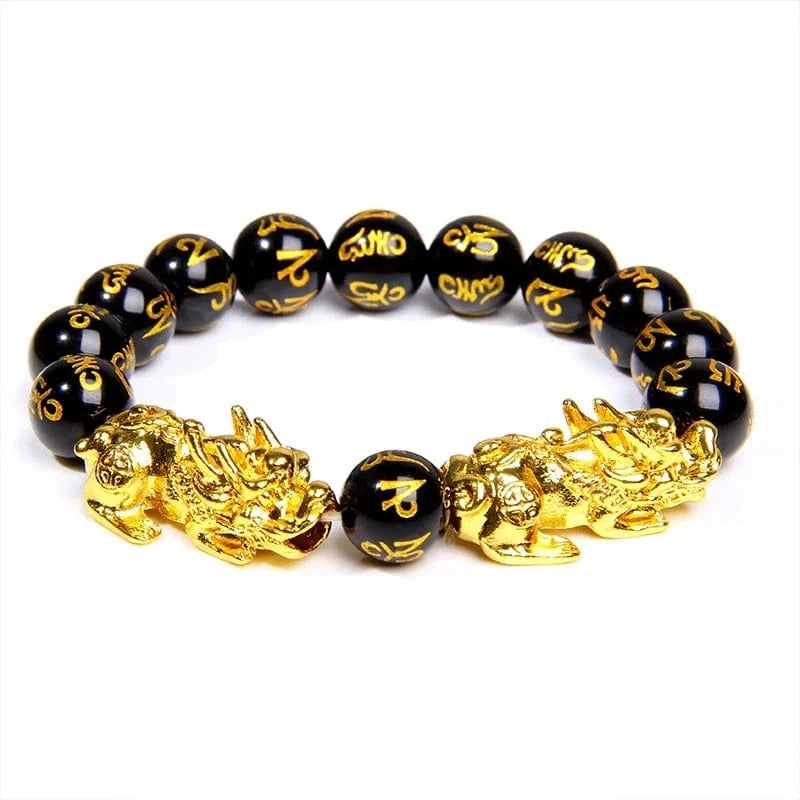 Artisan d'Asie Bracelets Malas Obsidienne Noire OM 3 / 17cm Bracelet Mala avec Pixiu Or et Pierres Naturelles