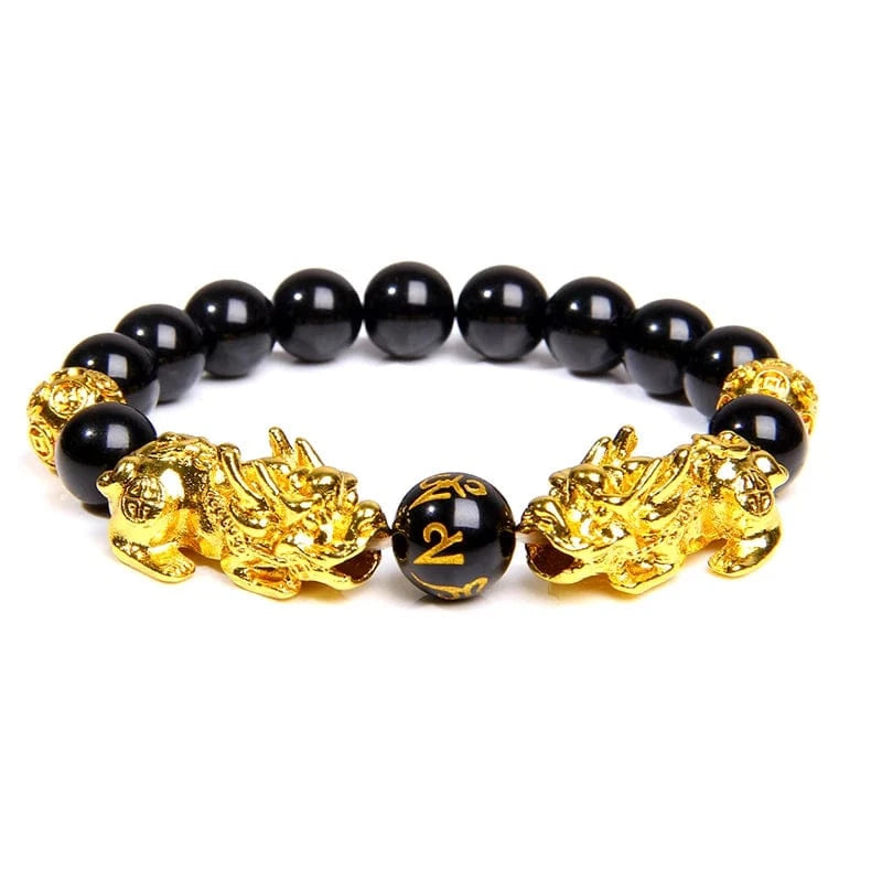 Artisan d'Asie Bracelets Malas Obsidienne Noire OM 4 / 17cm Bracelet Mala avec Pixiu Or et Pierres Naturelles
